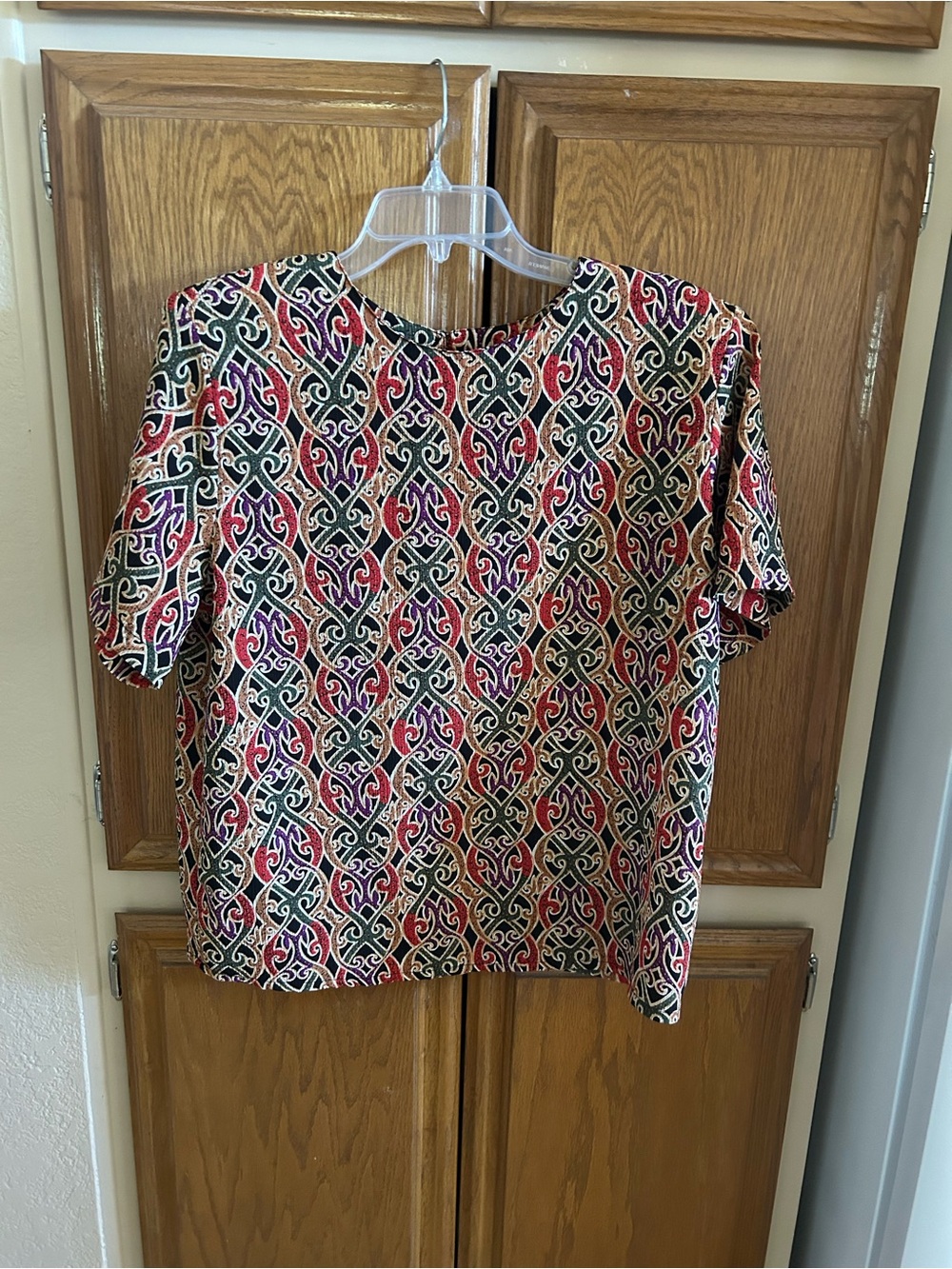 $15 ShipNShore Printed Short Sleeve Women's Top in Black, Red, Green & Cream